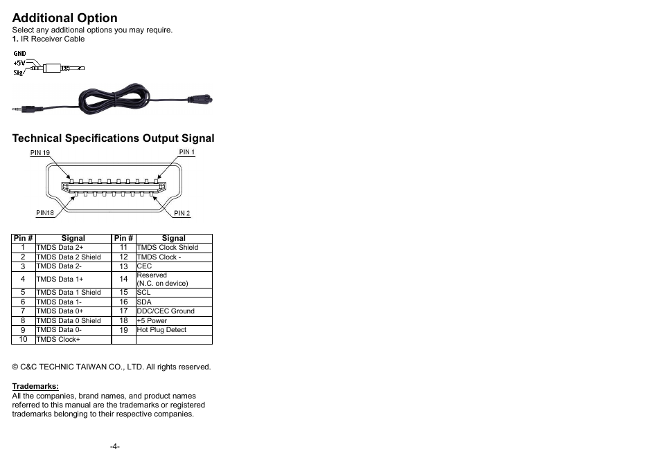 Additional option, Technical specifications output signal | Avlink HX-1422W User Manual | Page 2 / 2