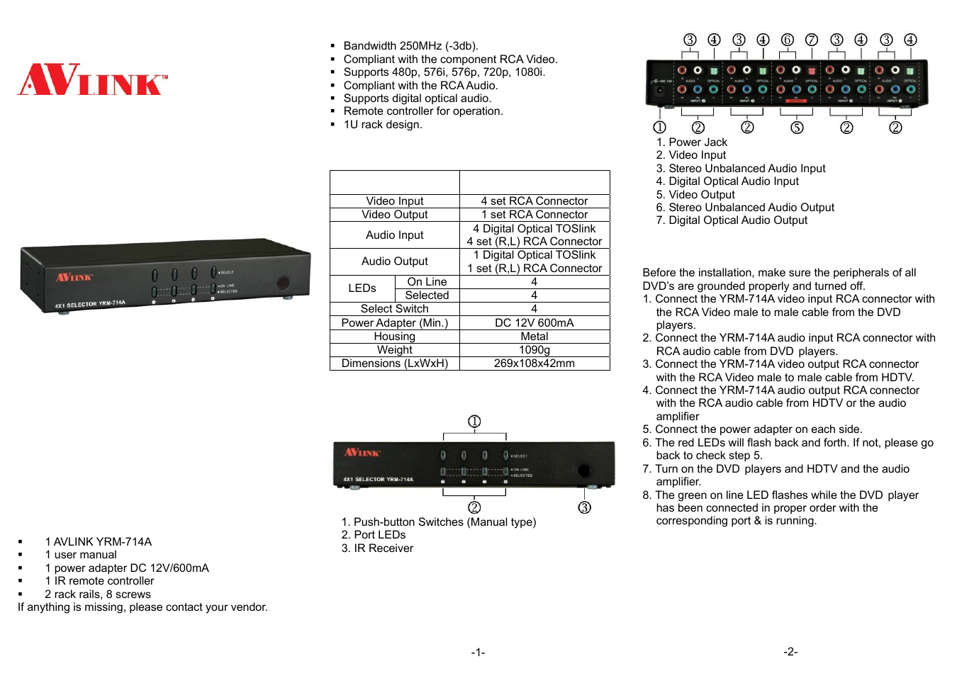 Avlink YRM-714A User Manual | 2 pages