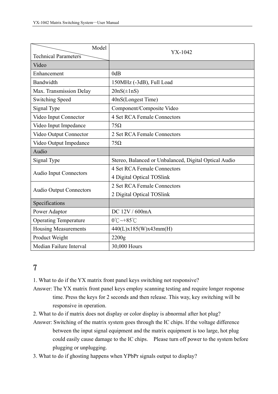 0 common problems and solutions, 0 yx matrix system technical parameters | Avlink YX-1042 User Manual | Page 10 / 11
