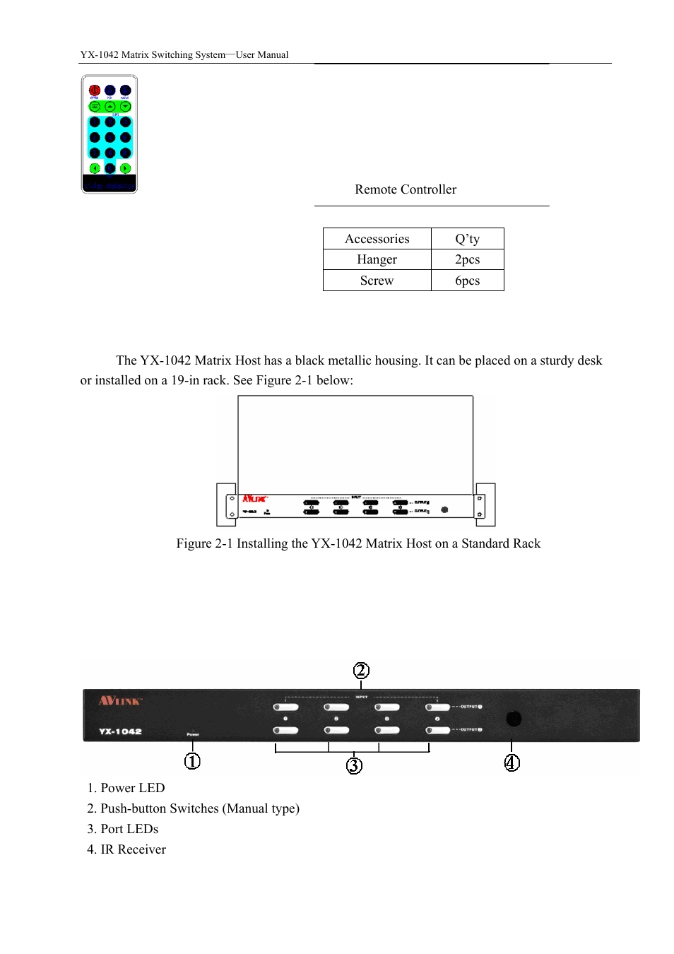 0 yx matrix system front/rear panels, 0 yx matrix host installation, 1 front panels | Avlink YX-1042 User Manual | Page 4 / 11