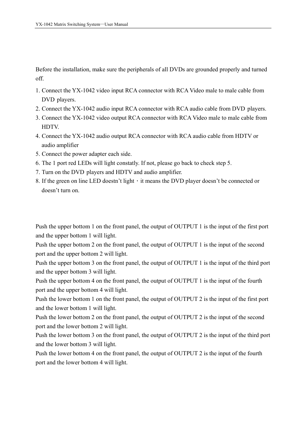 0 yx matrix control panel operation, 1 installation, 2 front panel key operation | Avlink YX-1042 User Manual | Page 8 / 11