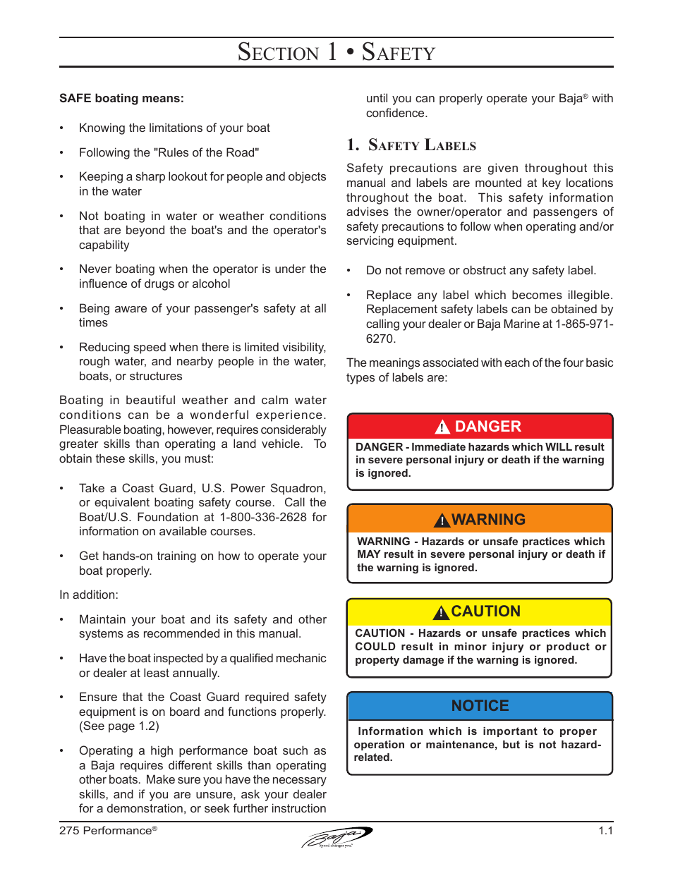 1 • s, Ection, Afety | Caution, Danger, Notice, Warning | Baja Marine Performance 275 User Manual | Page 11 / 87