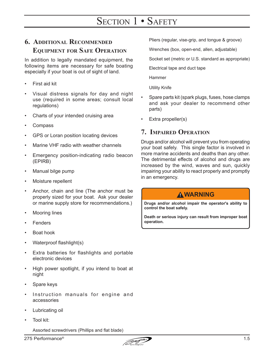 1 • s, Ection, Afety | Baja Marine Performance 275 User Manual | Page 15 / 87