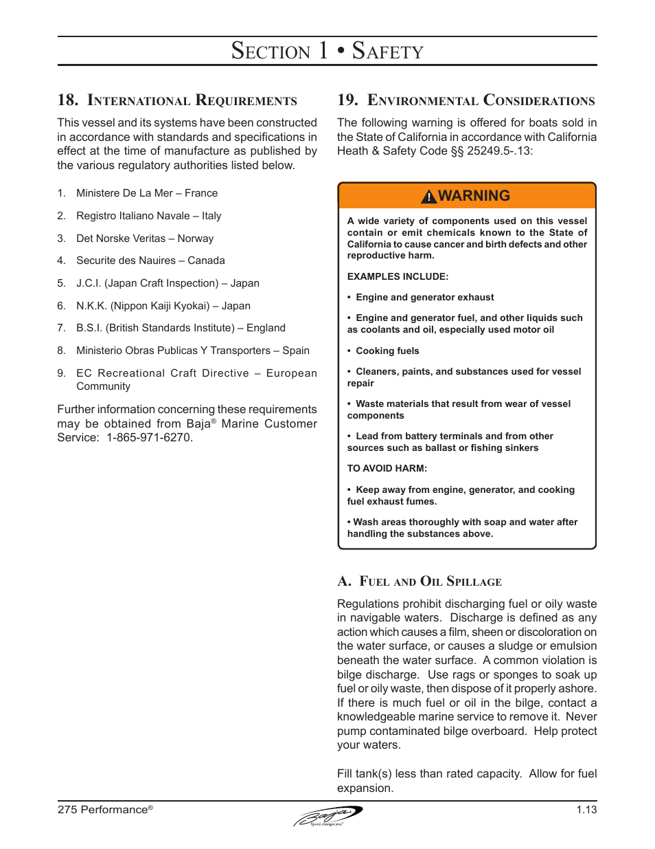 1 • s, Ection, Afety | Warning, A. f | Baja Marine Performance 275 User Manual | Page 23 / 87