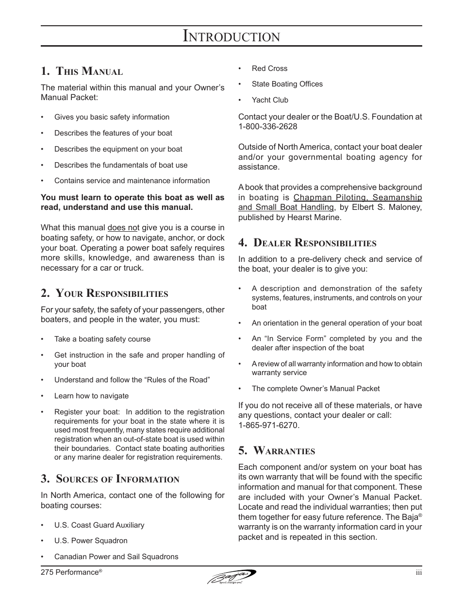 Ntroduction | Baja Marine Performance 275 User Manual | Page 5 / 87