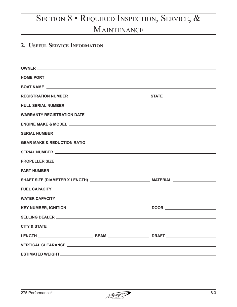 8 • r, Ection, Equired | Nspection, Ervice, Aintenance | Baja Marine Performance 275 User Manual | Page 70 / 87