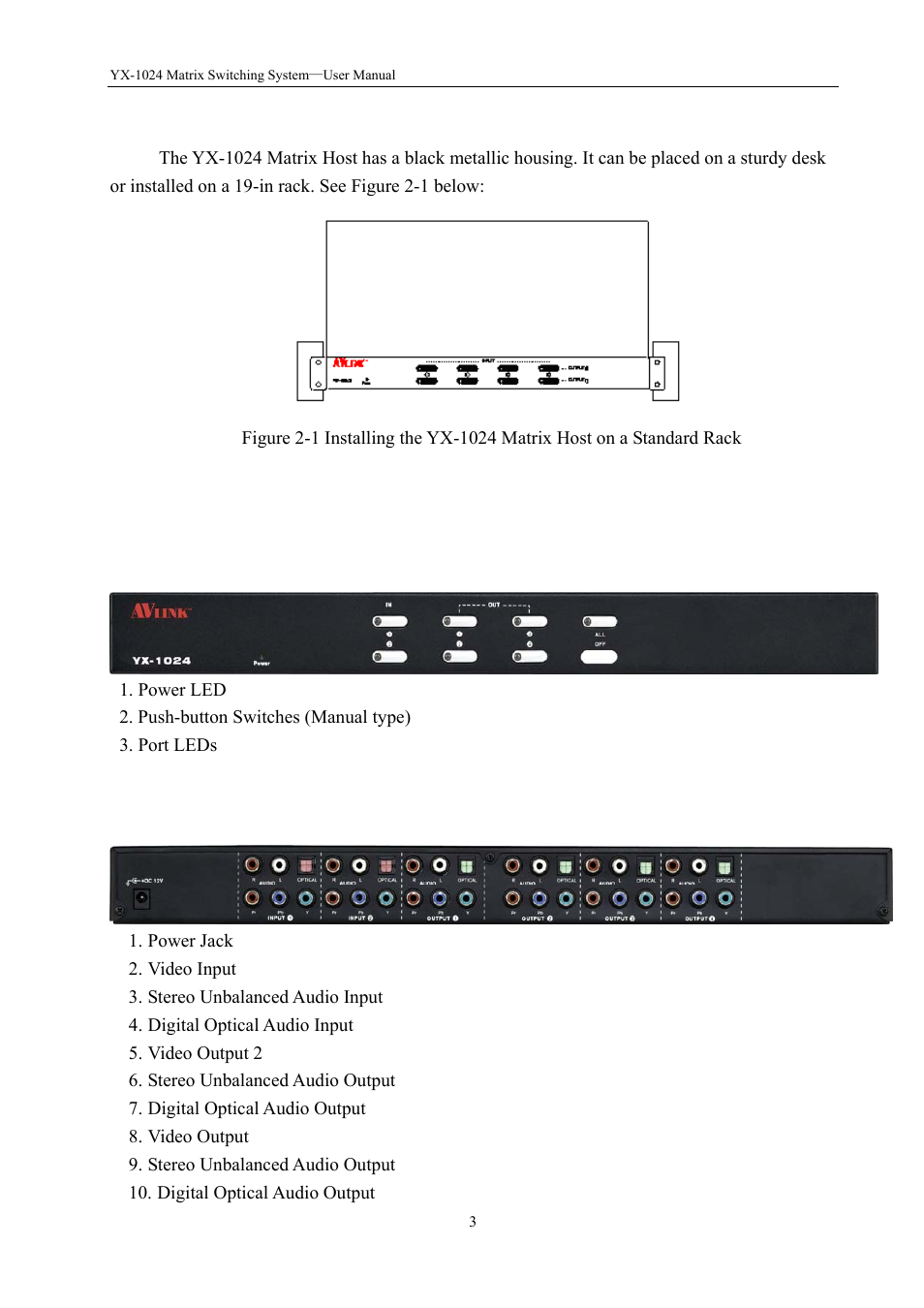 0 yx matrix host installation, 0 yx matrix system front/rear panels | Avlink YX-1024 User Manual | Page 4 / 10