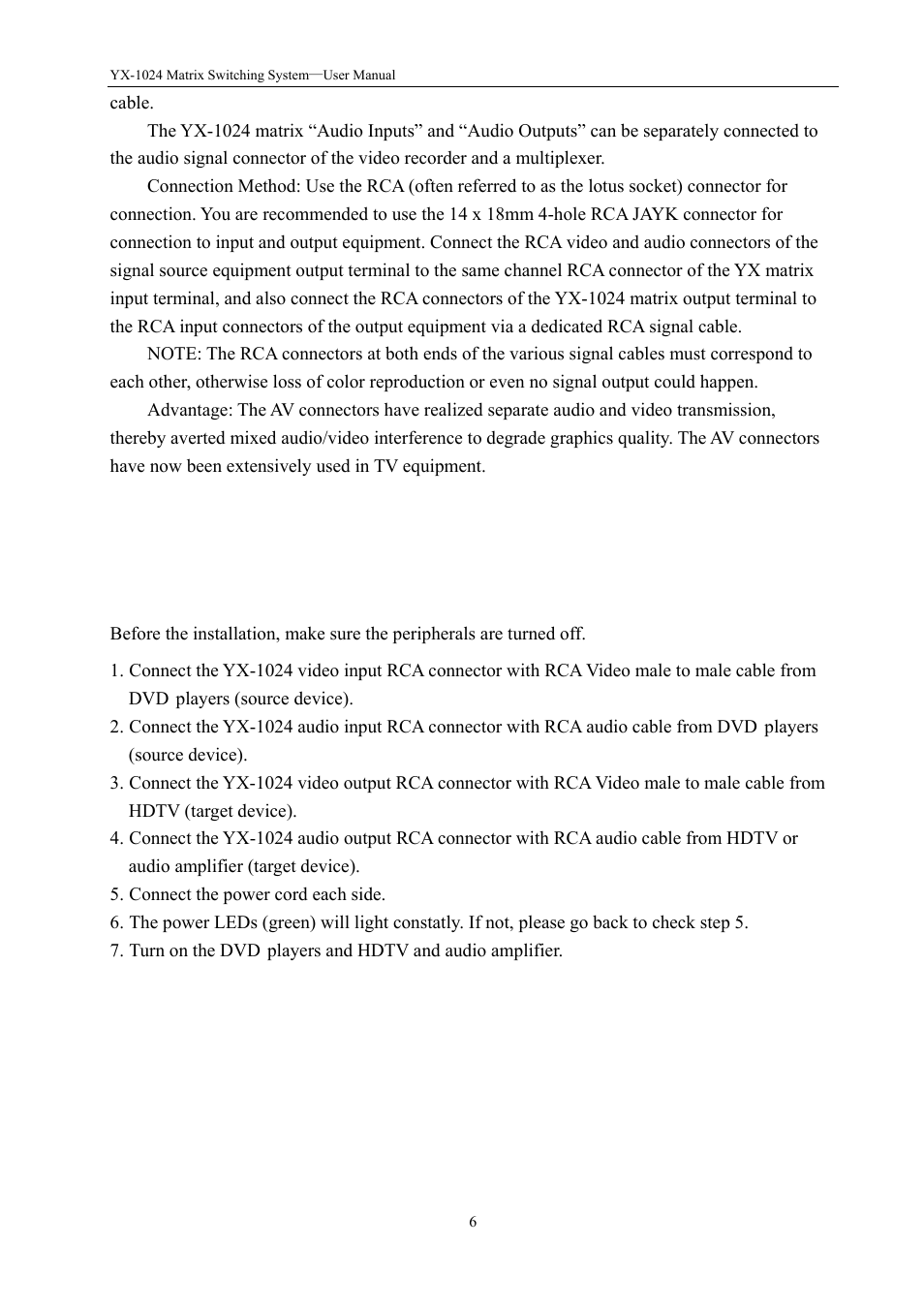 0 yx matrix control panel operation, 1 installation | Avlink YX-1024 User Manual | Page 7 / 10