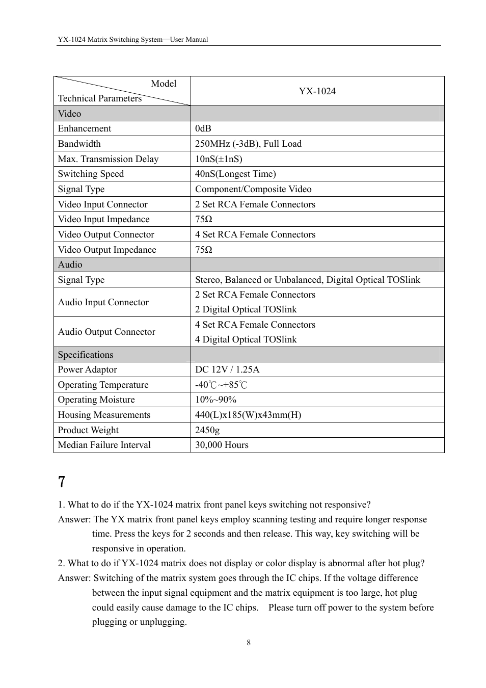 0 yx matrix system technical parameters, 7 .0 common problems and solutions | Avlink YX-1024 User Manual | Page 9 / 10