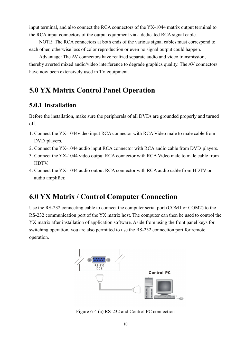 0 yx matrix control panel operation, 0 yx matrix / control computer connection, 1 installation | Avlink YX-1044 User Manual | Page 10 / 30