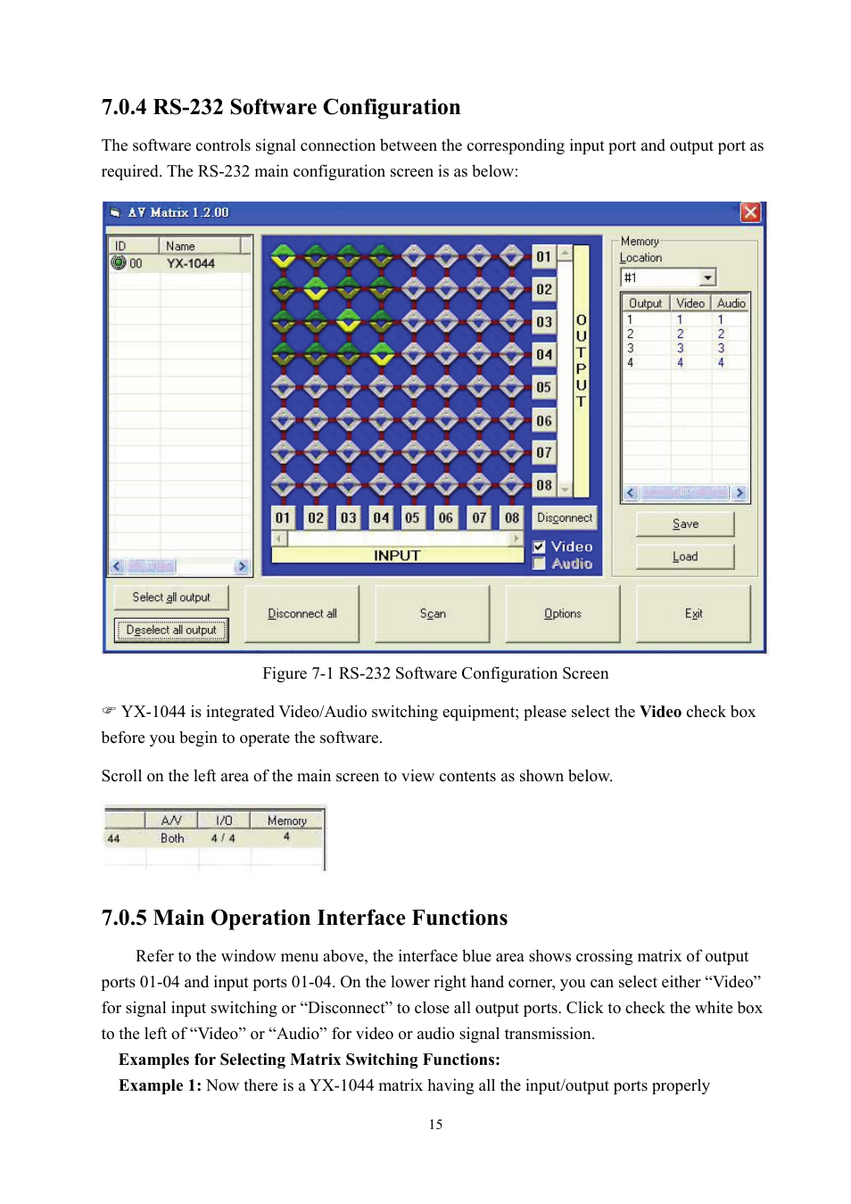 4 rs-232 software configuration, 5 main operation interface functions | Avlink YX-1044 User Manual | Page 15 / 30