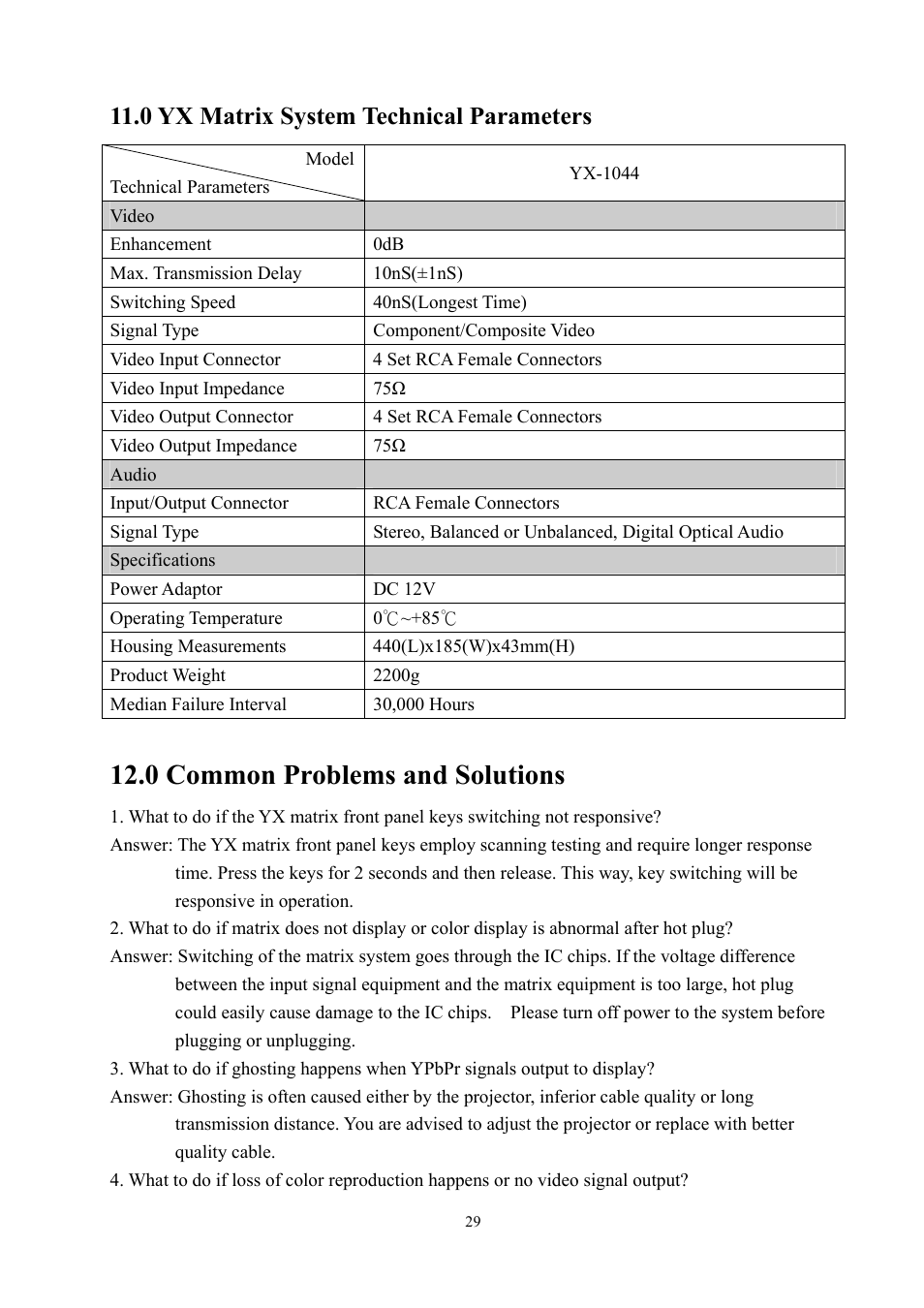 0 common problems and solutions, 0 yx matrix system technical parameters | Avlink YX-1044 User Manual | Page 29 / 30