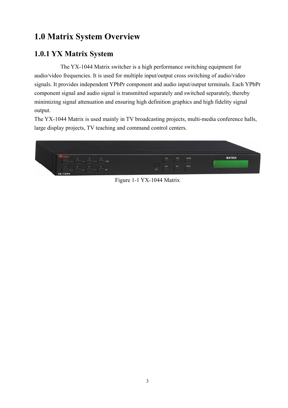 0 matrix system overview, 1 yx matrix system | Avlink YX-1044 User Manual | Page 3 / 30