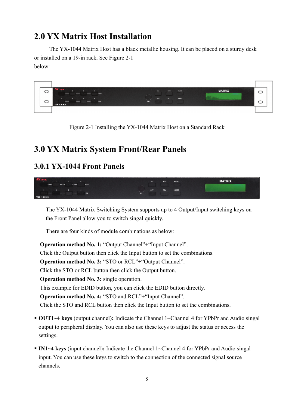 0 yx matrix host installation, 0 yx matrix system front/rear panels | Avlink YX-1044 User Manual | Page 5 / 30