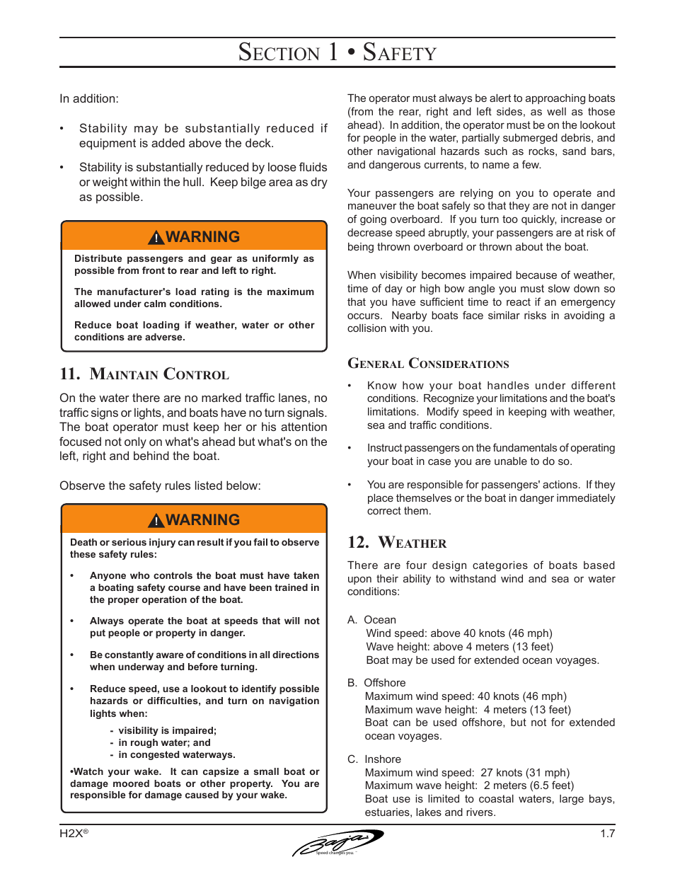 1 • s, Ection, Afety | Warning | Baja Marine Performance H2X User Manual | Page 17 / 83