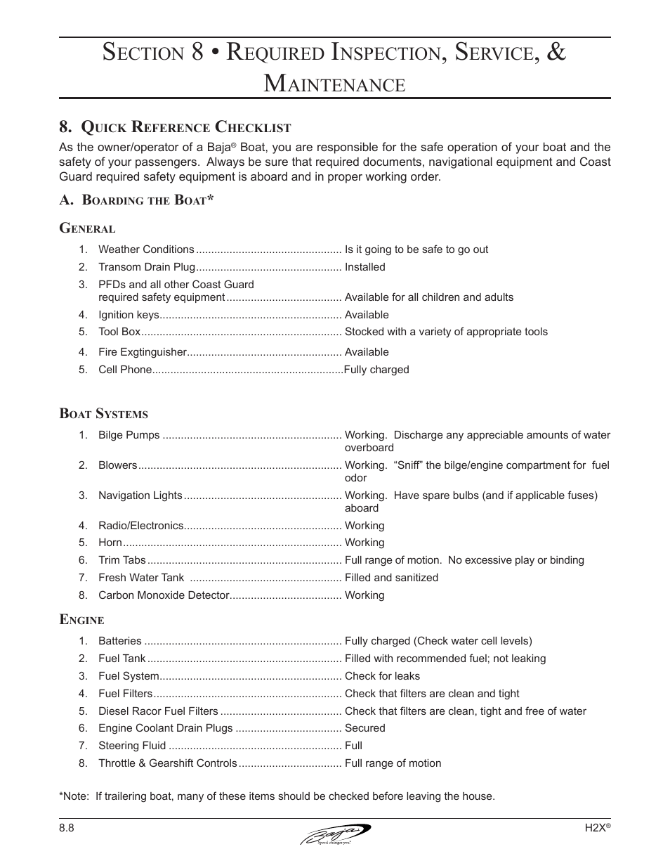 8 • r, Ection, Equired | Nspection, Ervice, Aintenance | Baja Marine Performance H2X User Manual | Page 71 / 83