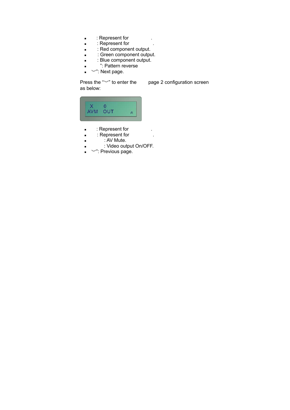 0” : represent for “enable, X” : represent for “disable, R” : red component output | G” : green component output, B” : blue component output, Rev ”: pattern reverse, Avm” : av mute, Out” : video output on/off, Previous page | Avlink PG-H1 User Manual | Page 15 / 20