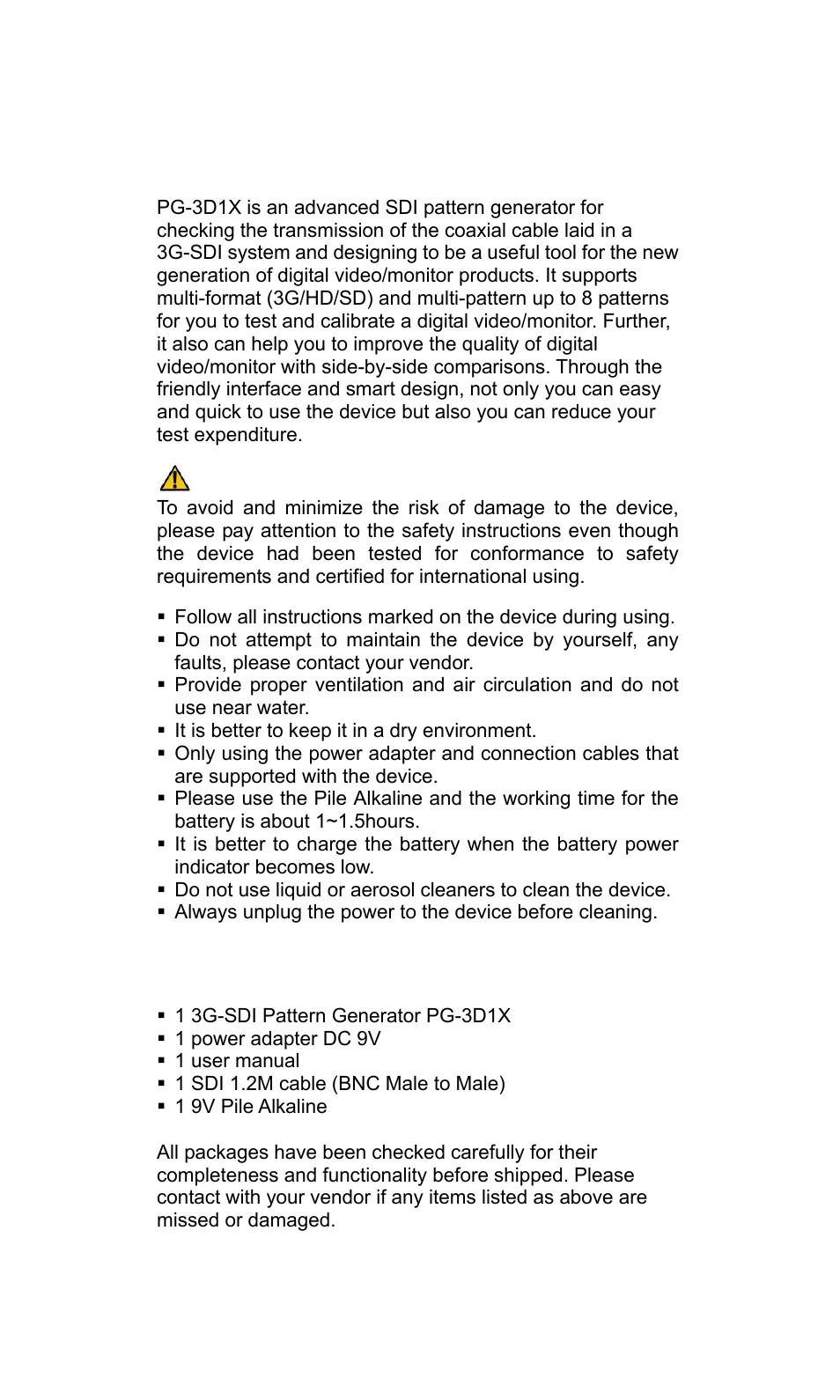 Chapter 1 introduction, Package contents, Caution | Avlink PG-3D1X User Manual | Page 3 / 10