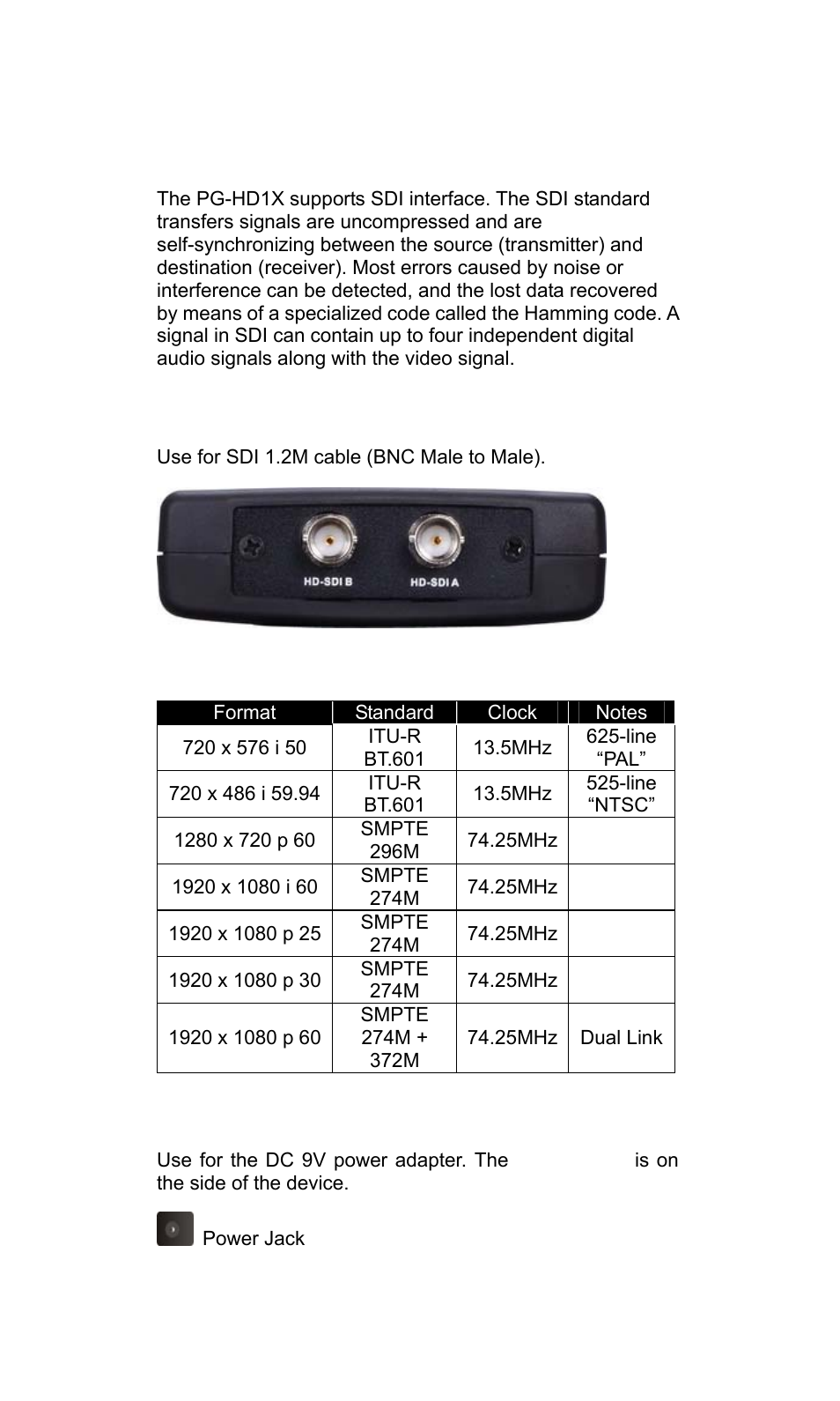 Side panels, Hd-sdi a output /hd-sdi b output, Power jack | Avlink PG-HD1X User Manual | Page 7 / 10
