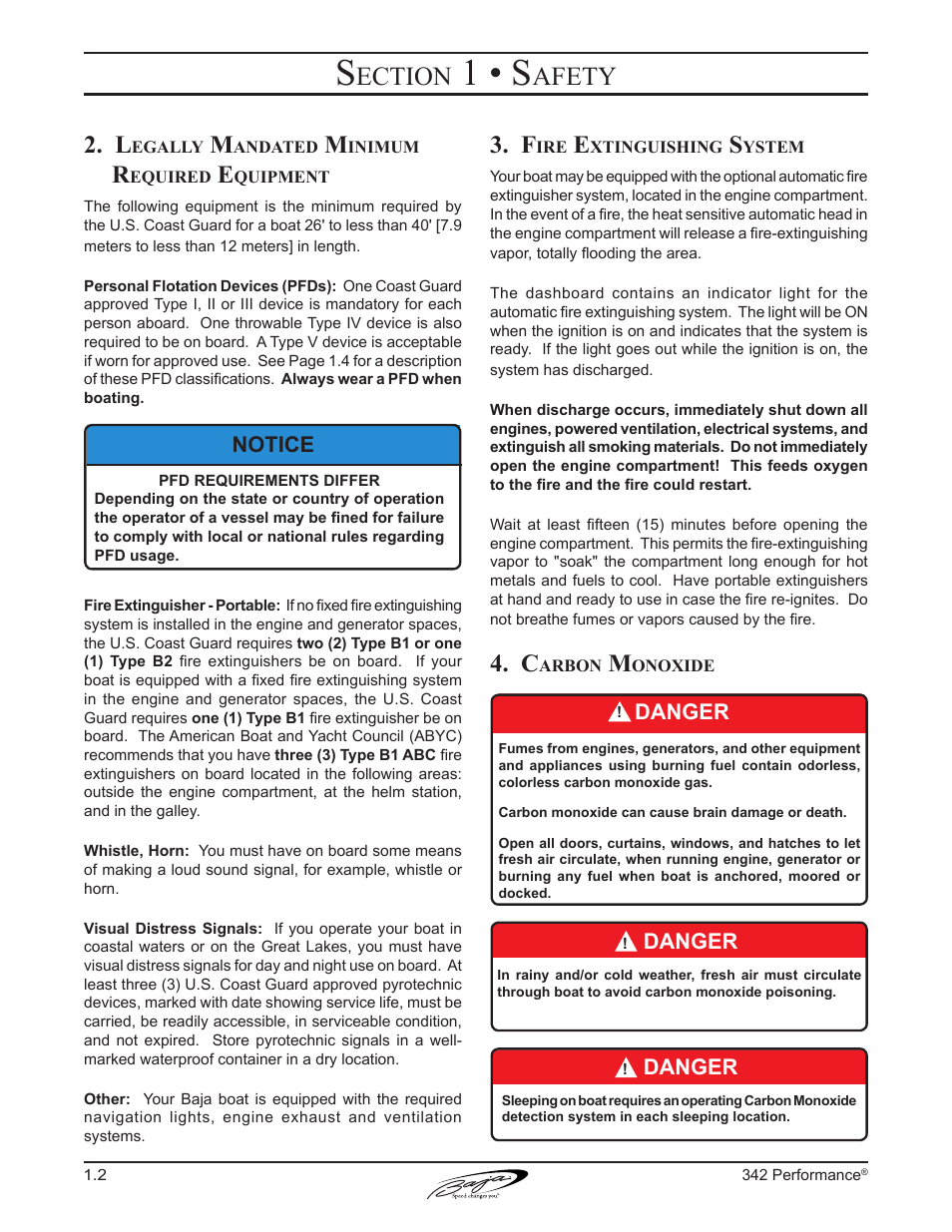 1 • s, Ection, Afety | Danger, Notice | Baja Marine Performance 342 User Manual | Page 12 / 85