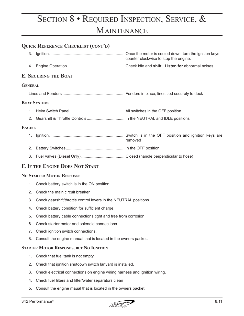 8 • r, Ection, Equired | Nspection, Ervice, Aintenance, E. s, F. i | Baja Marine Performance 342 User Manual | Page 76 / 85