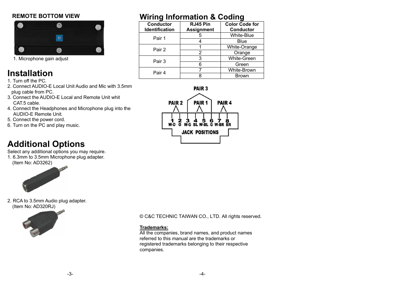 Installation, Additional options, Wiring information & coding | Avlink Audio-E User Manual | Page 2 / 2