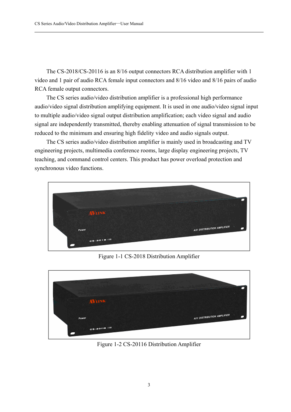 0 audio/video distribution amplifier overview, 1 cs series audio/video distribution amplifier | Avlink CS-20116 User Manual | Page 4 / 10