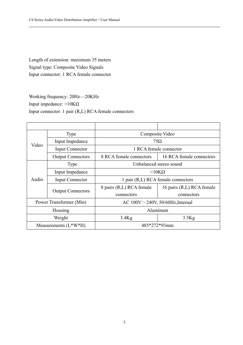 0 product specifications, 1 video, 2 audio | Avlink CS-20116 User Manual | Page 6 / 10