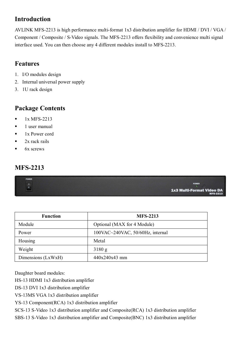 Introduction, Features, Package contents | Mfs-2213 | Avlink MFS-2213 User Manual | Page 2 / 7