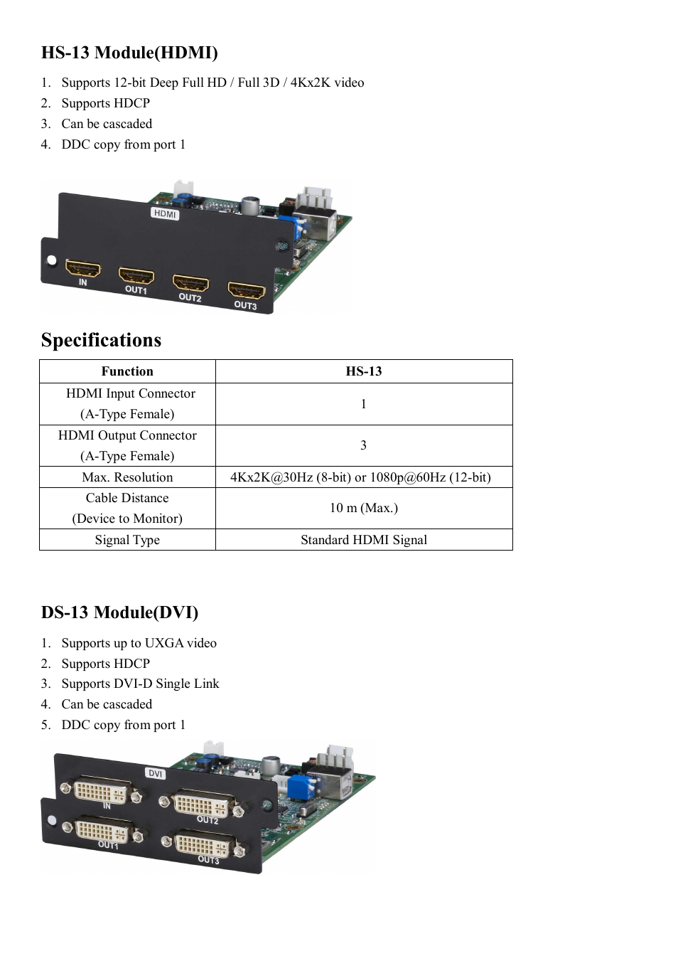 Specifications, Hs-13 module(hdmi), Ds-13 module(dvi) | Avlink MFS-2213 User Manual | Page 3 / 7