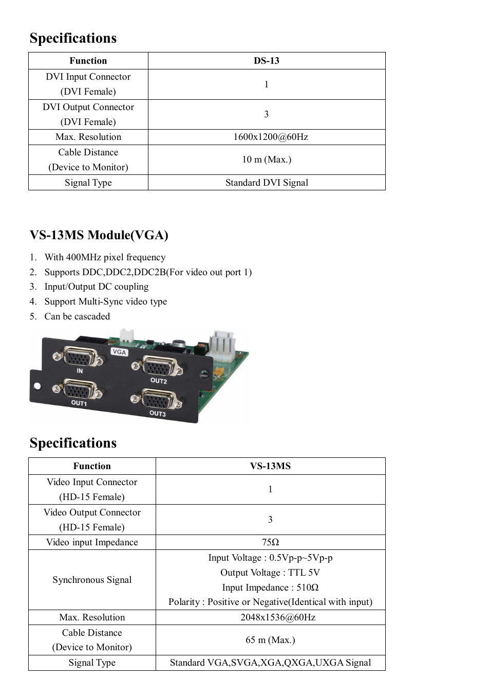 Specifications, Vs-13ms module(vga) | Avlink MFS-2213 User Manual | Page 4 / 7