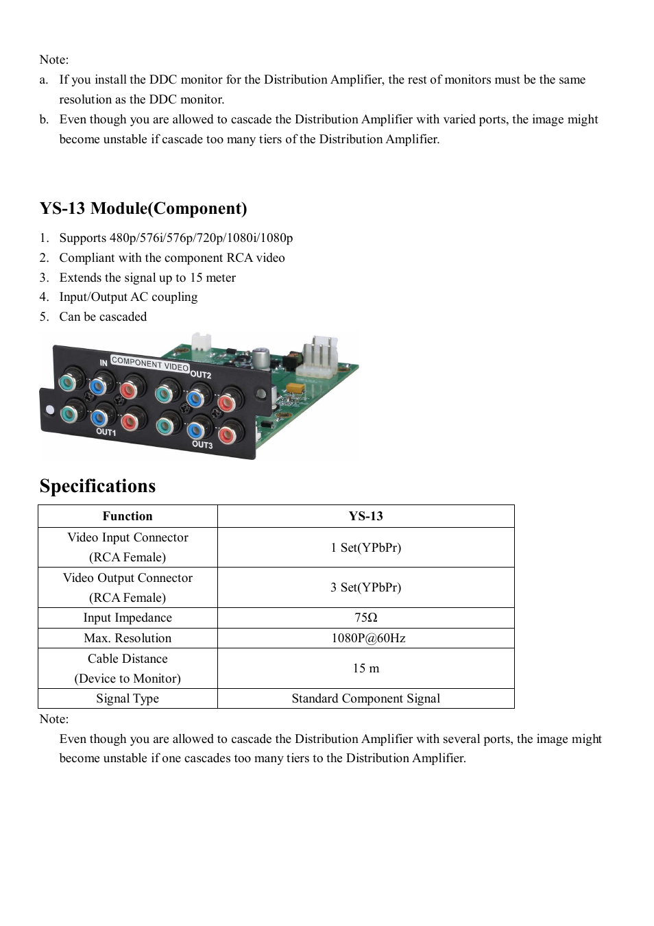 Specifications, Ys-13 module(component) | Avlink MFS-2213 User Manual | Page 5 / 7