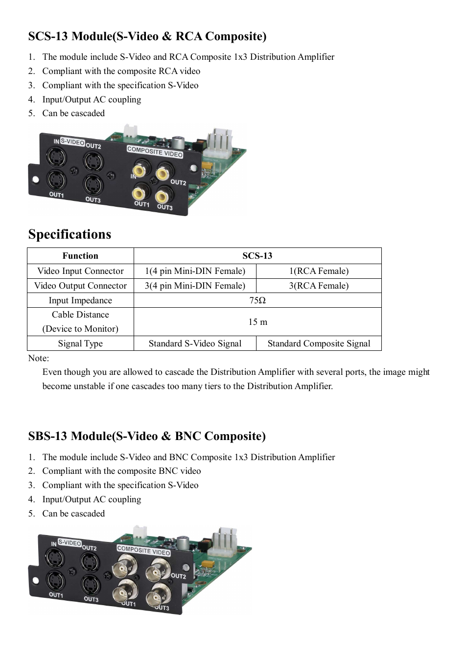 Specifications, Scs-13 module(s-video & rca composite), Sbs-13 module(s-video & bnc composite) | Avlink MFS-2213 User Manual | Page 6 / 7