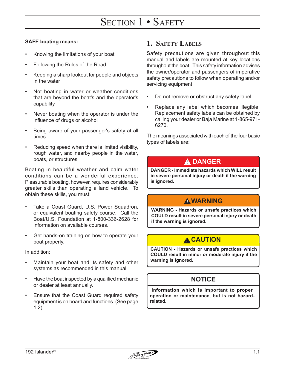 1 • s, Ection, Afety | Baja Marine 192 Islander User Manual | Page 11 / 82