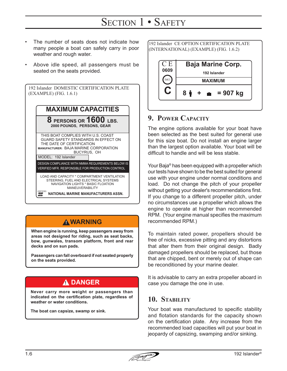 1 • s, Ection, Afety | Baja marine corp, 8 + = 907 kg, Maximum capacities, Warning, Danger | Baja Marine 192 Islander User Manual | Page 16 / 82