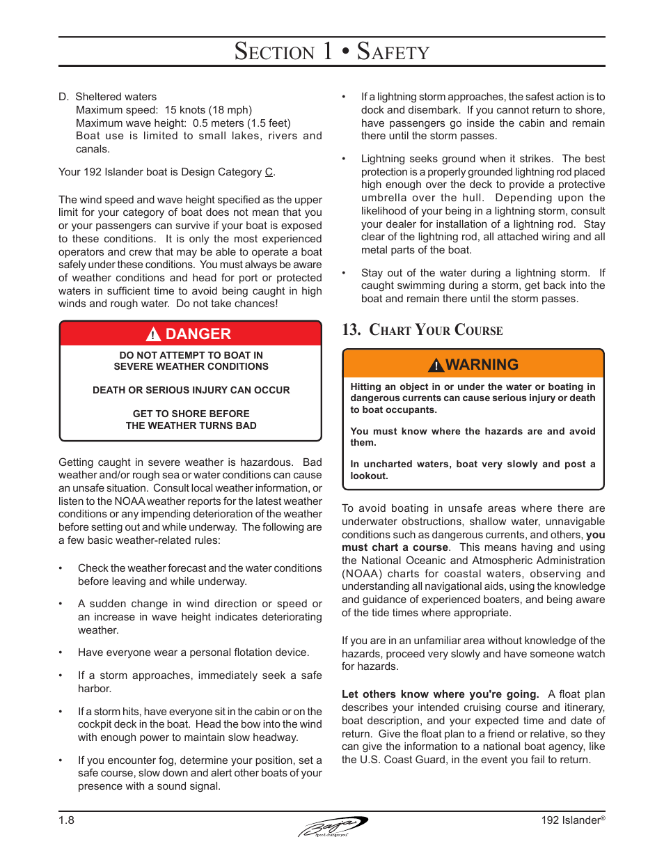 1 • s, Ection, Afety | Danger, Warning | Baja Marine 192 Islander User Manual | Page 18 / 82