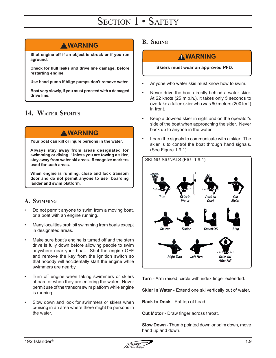 1 • s, Ection, Afety | A. s, B. s, Warning | Baja Marine 192 Islander User Manual | Page 19 / 82