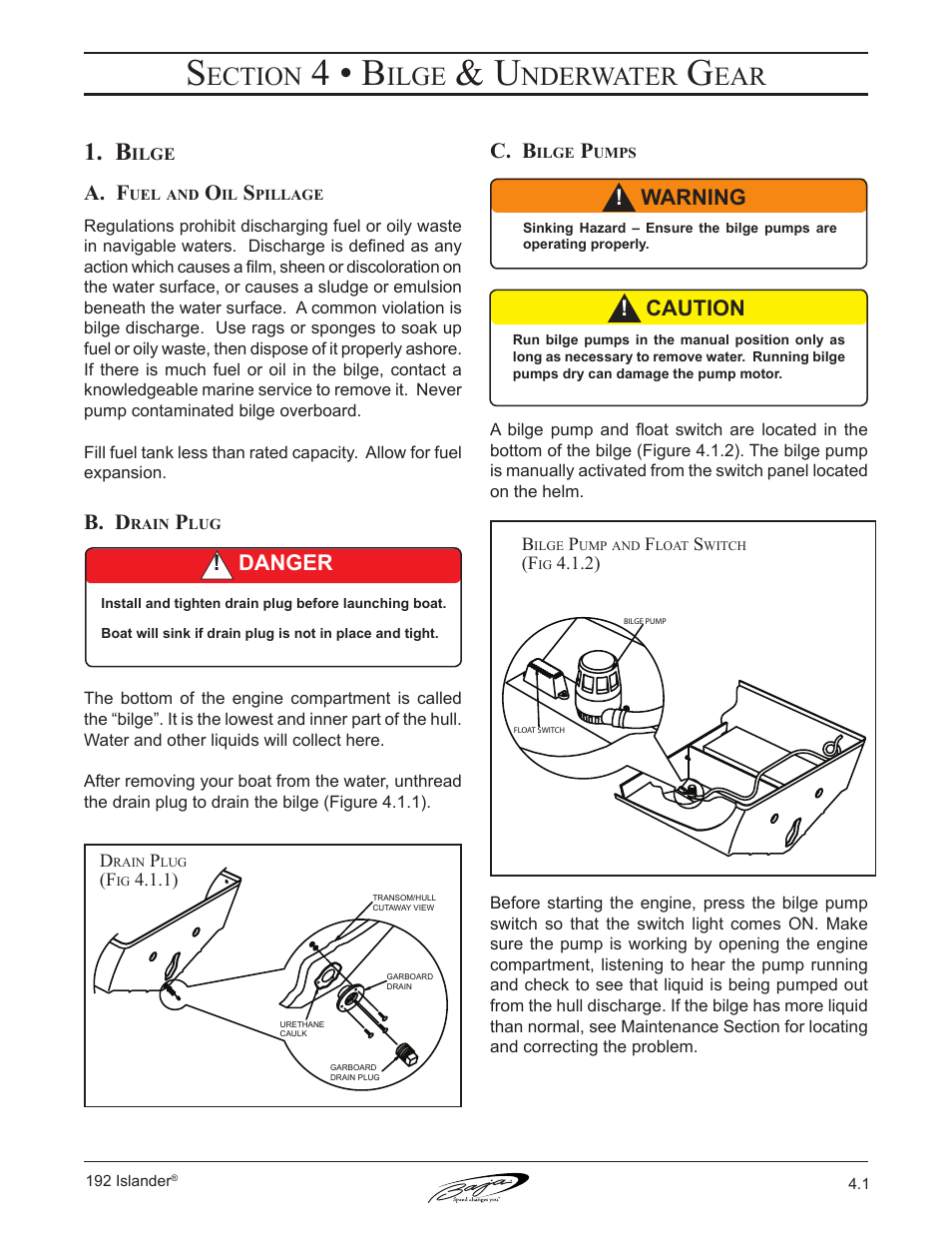 4 • b, Ection, Ilge | Nderwater, A. f, B. d, C. b, Caution, Warning ! danger | Baja Marine 192 Islander User Manual | Page 43 / 82