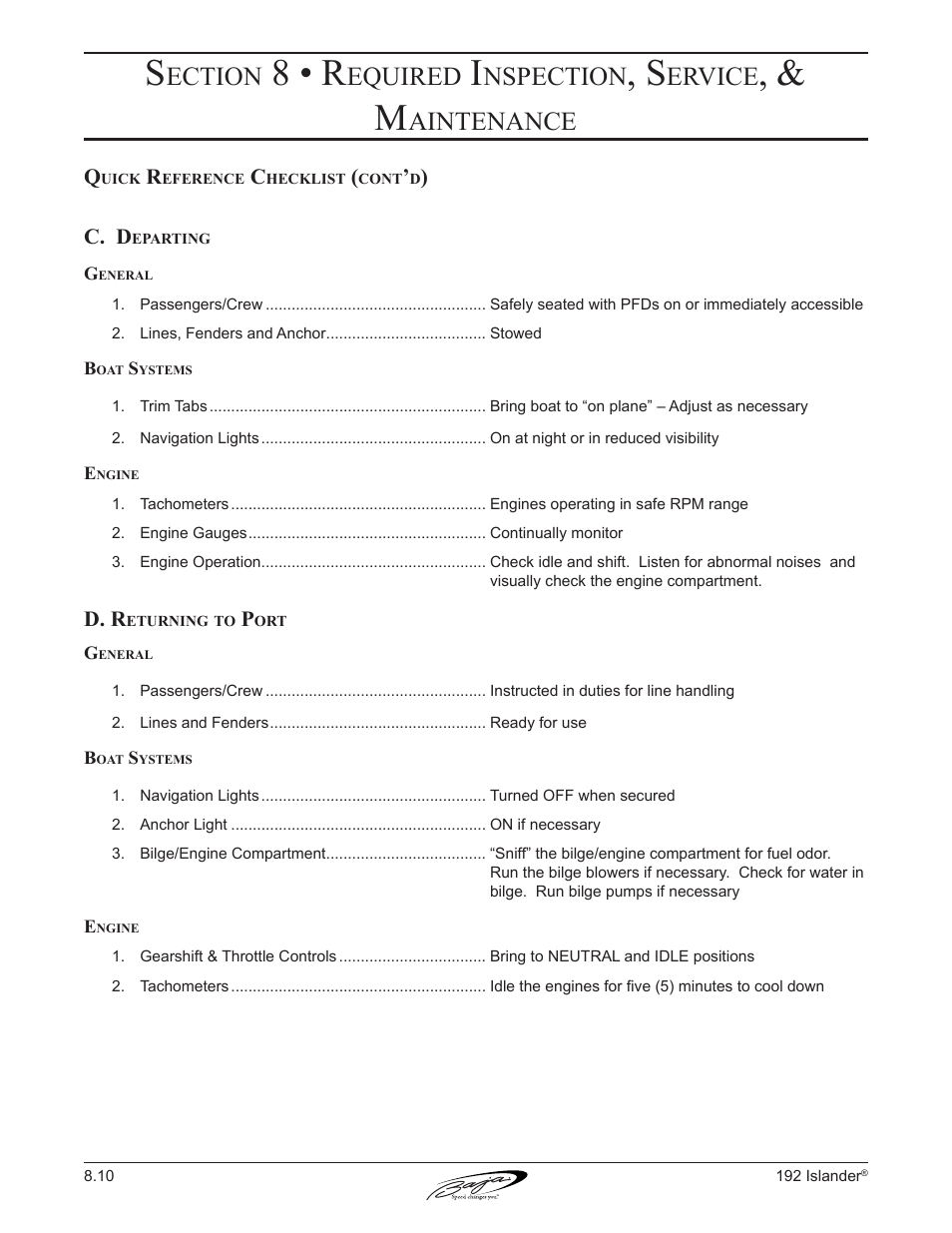 8 • r, Ection, Equired | Nspection, Ervice, Aintenance | Baja Marine 192 Islander User Manual | Page 72 / 82