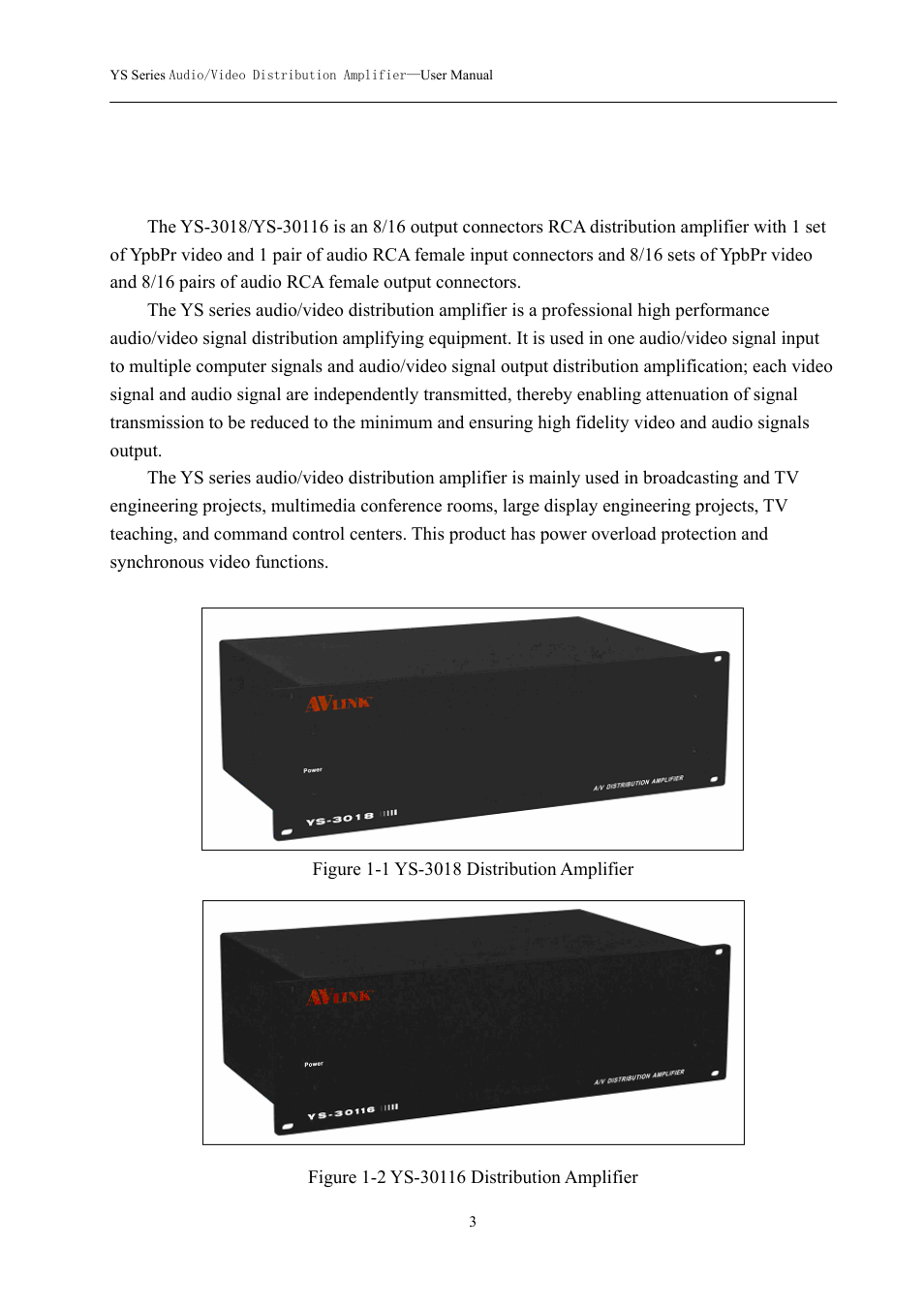 0 audio/video distribution amplifier, 1 ys series audio/video distribution amplifier | Avlink YS-30116 User Manual | Page 4 / 11