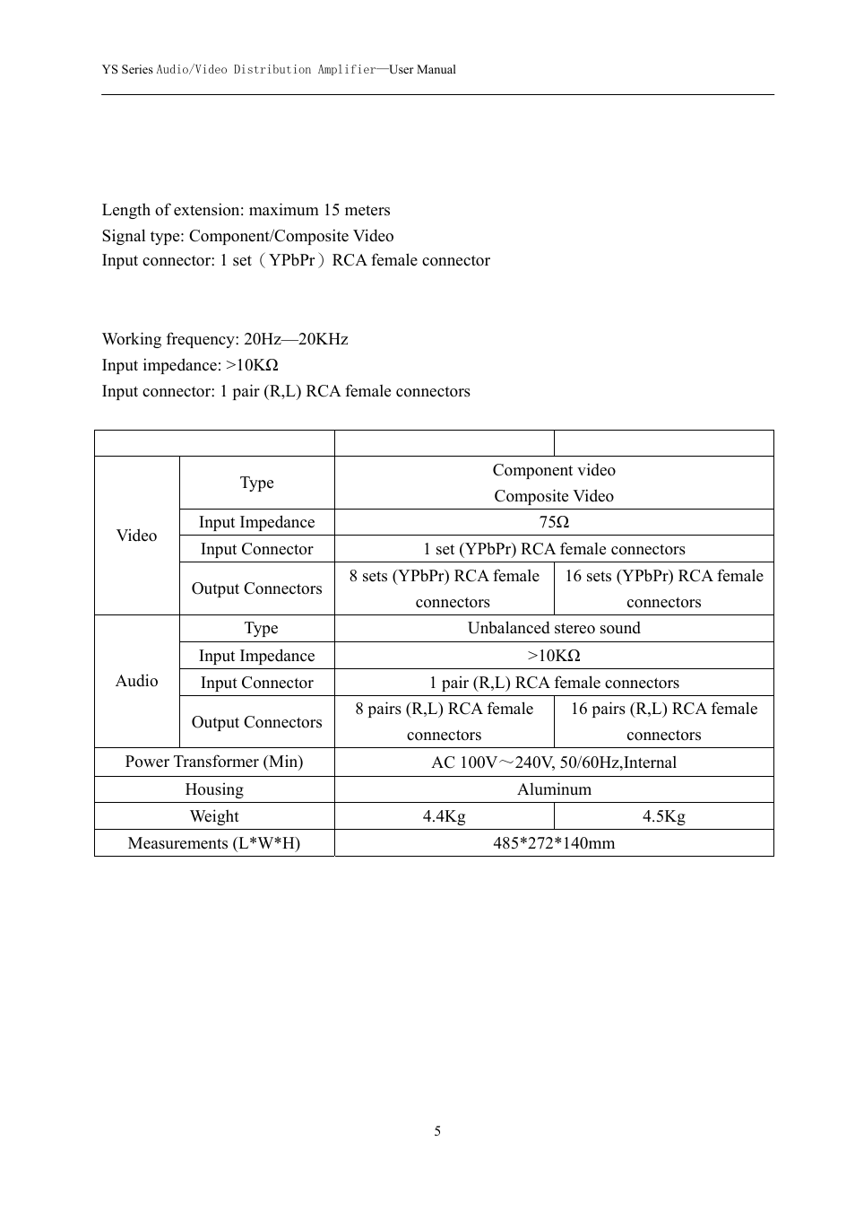 0 product specifications, 1 video, 2 audio | Avlink YS-30116 User Manual | Page 6 / 11