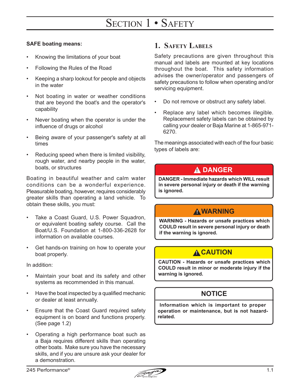 1 • s, Ection, Afety | Baja Marine Performance 245 User Manual | Page 11 / 82