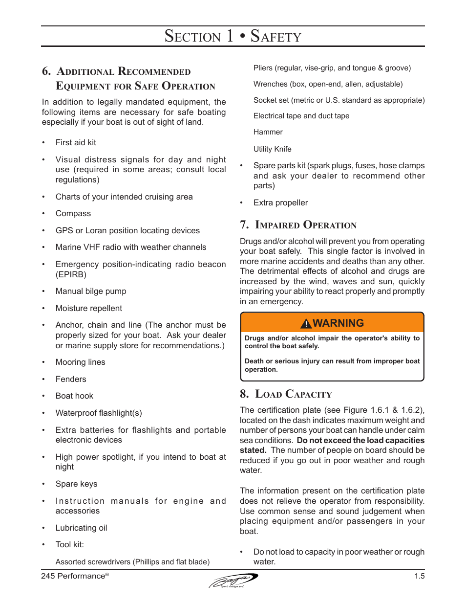 1 • s, Ection, Afety | Baja Marine Performance 245 User Manual | Page 15 / 82