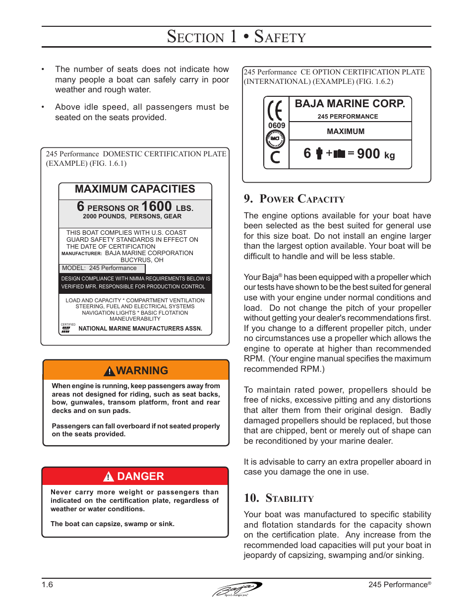 1 • s, Ection, Afety | Warning, Danger, Maximum capacities, Baja marine corp | Baja Marine Performance 245 User Manual | Page 16 / 82