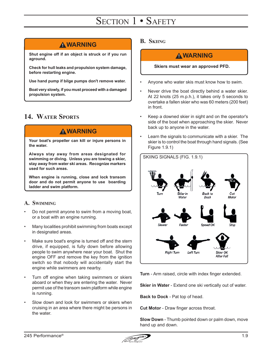 1 • s, Ection, Afety | A. s, B. s, Warning | Baja Marine Performance 245 User Manual | Page 19 / 82