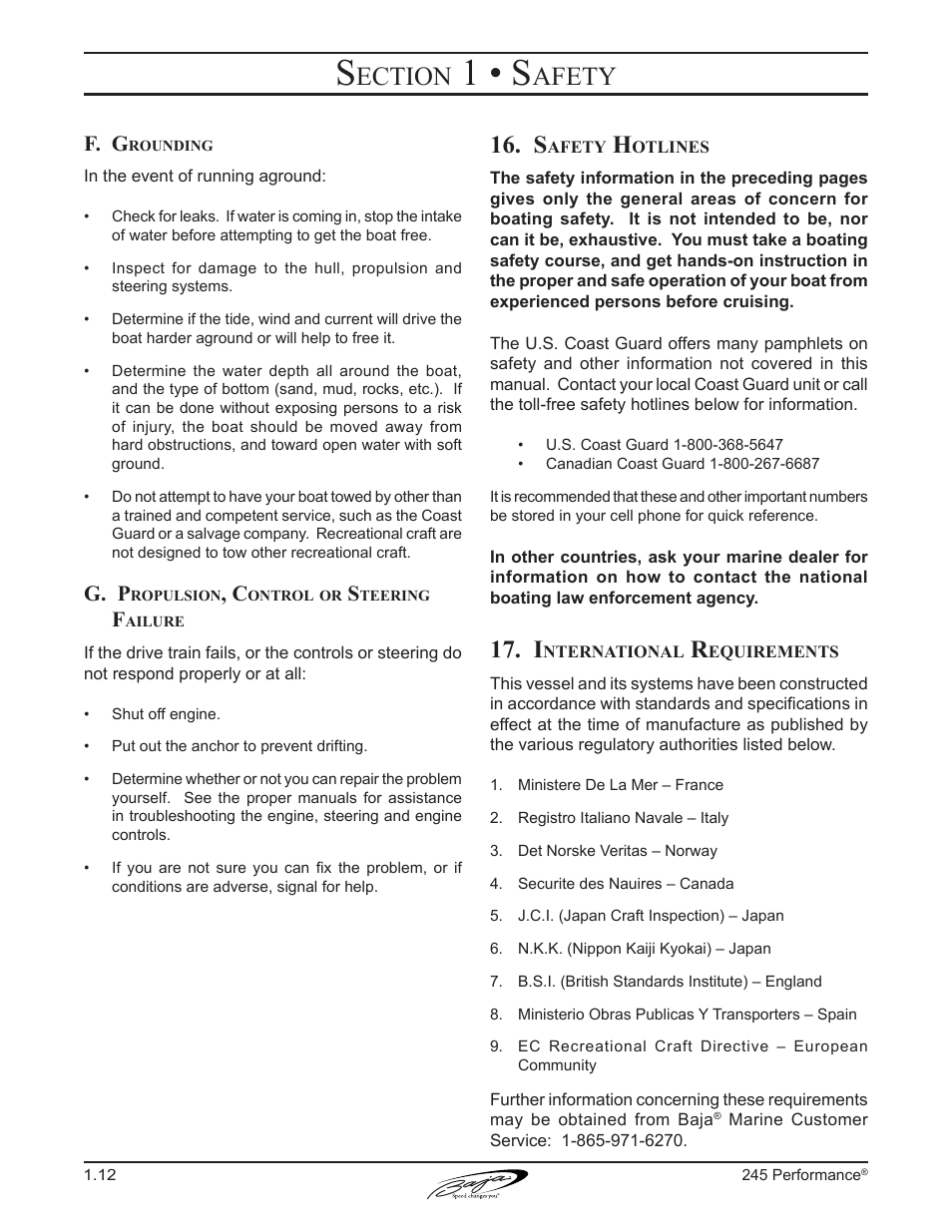 1 • s, Ection, Afety | F. g, G. p | Baja Marine Performance 245 User Manual | Page 22 / 82