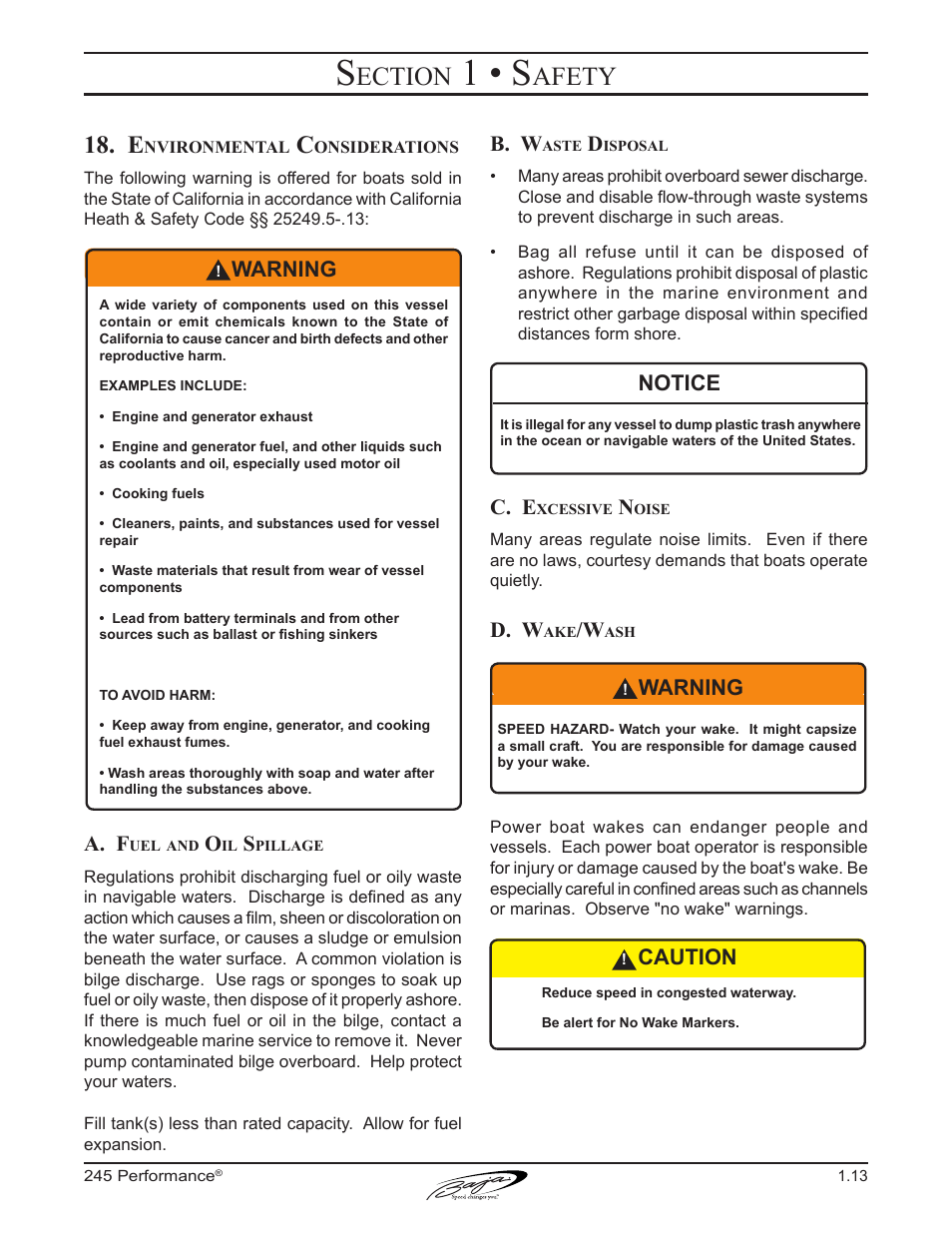 1 • s, Ection, Afety | A. f, B. w, C. e, D. w, Warning, Notice, Caution | Baja Marine Performance 245 User Manual | Page 23 / 82