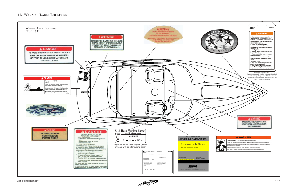 Baja marine corp, Arning, Abel | Ocations, Maximum capacities, 245 performance | Baja Marine Performance 245 User Manual | Page 27 / 82