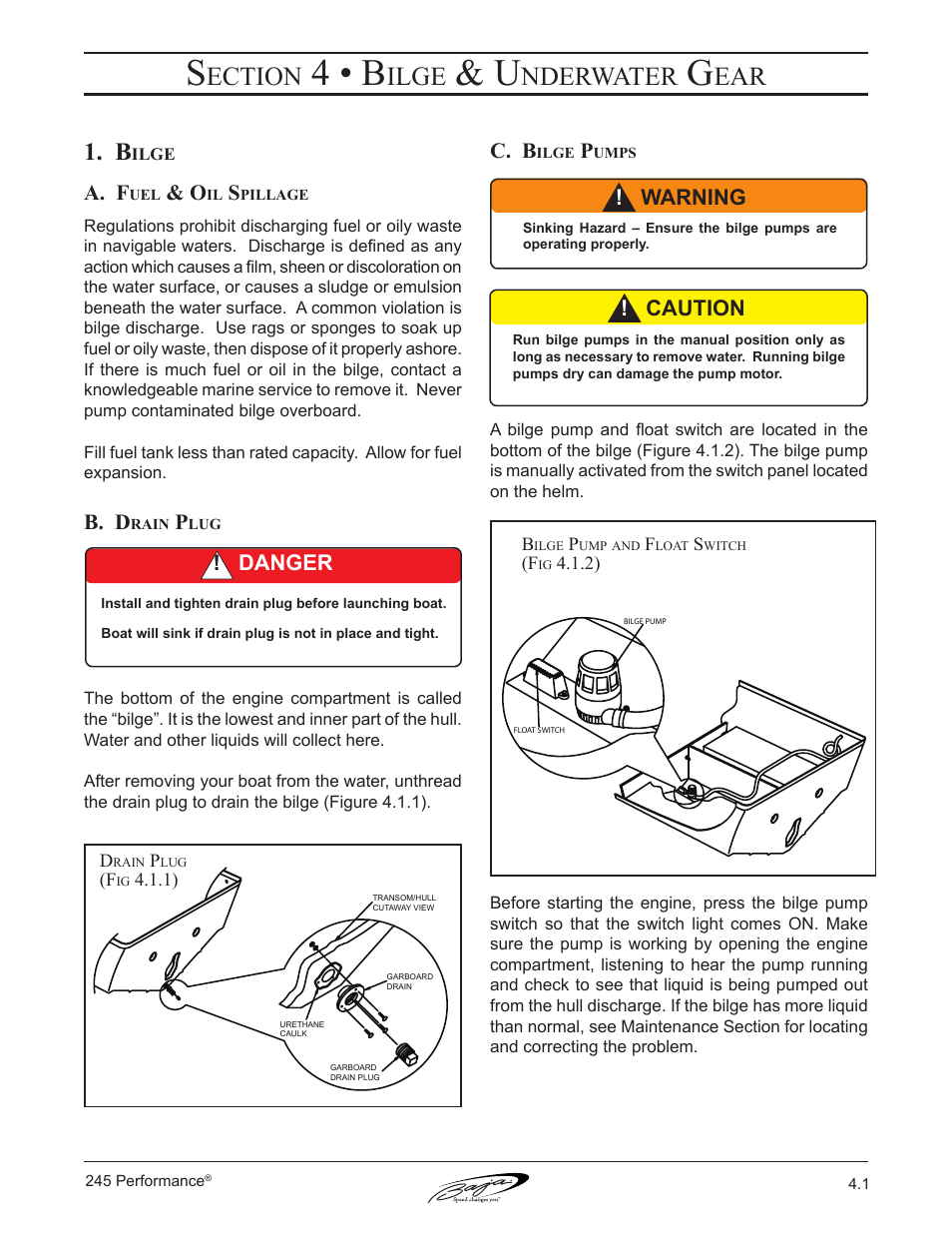 4 • b, Ection, Ilge | Nderwater, A. f, B. d, C. b, Caution, Warning ! danger | Baja Marine Performance 245 User Manual | Page 43 / 82