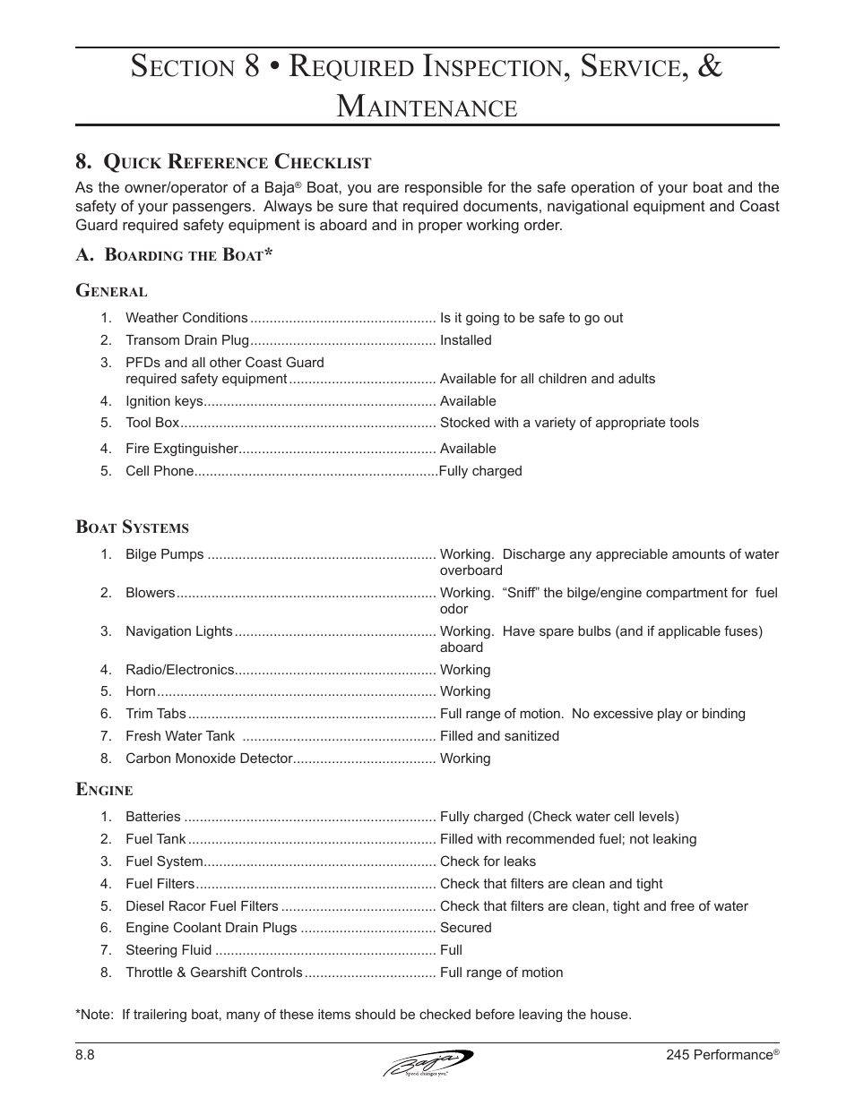 8 • r, Ection, Equired | Nspection, Ervice, Aintenance | Baja Marine Performance 245 User Manual | Page 70 / 82